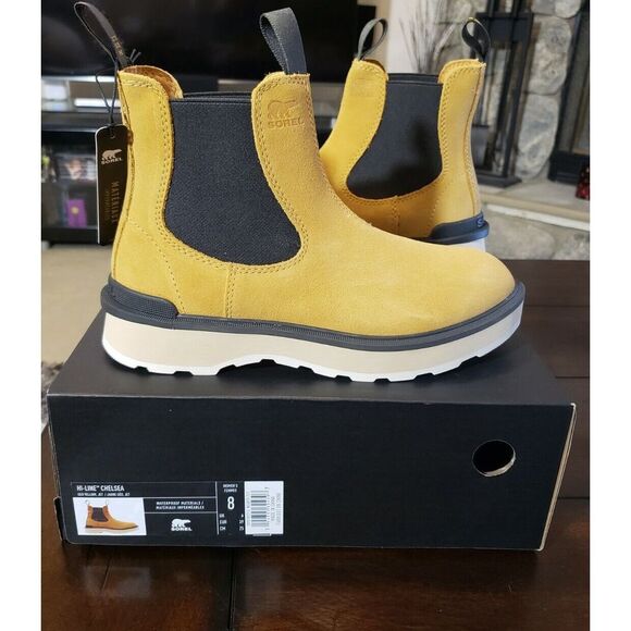 Women's Sorel Hi-Line Chelsea Leather Boots Size 8 Geo Yellow Slip On - Picture 2 of 6